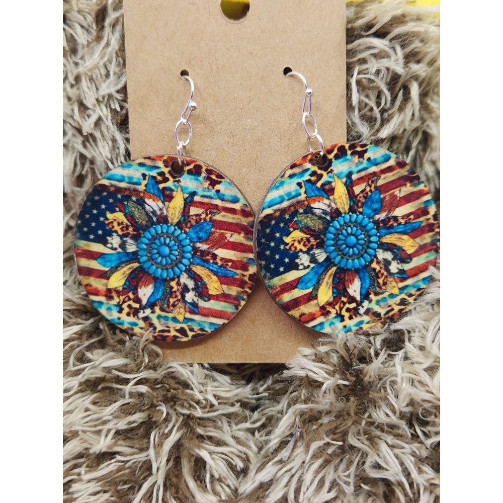 Country Flower Handcrafted Earrings, Baltic Birch Wood, New, Lightweight.